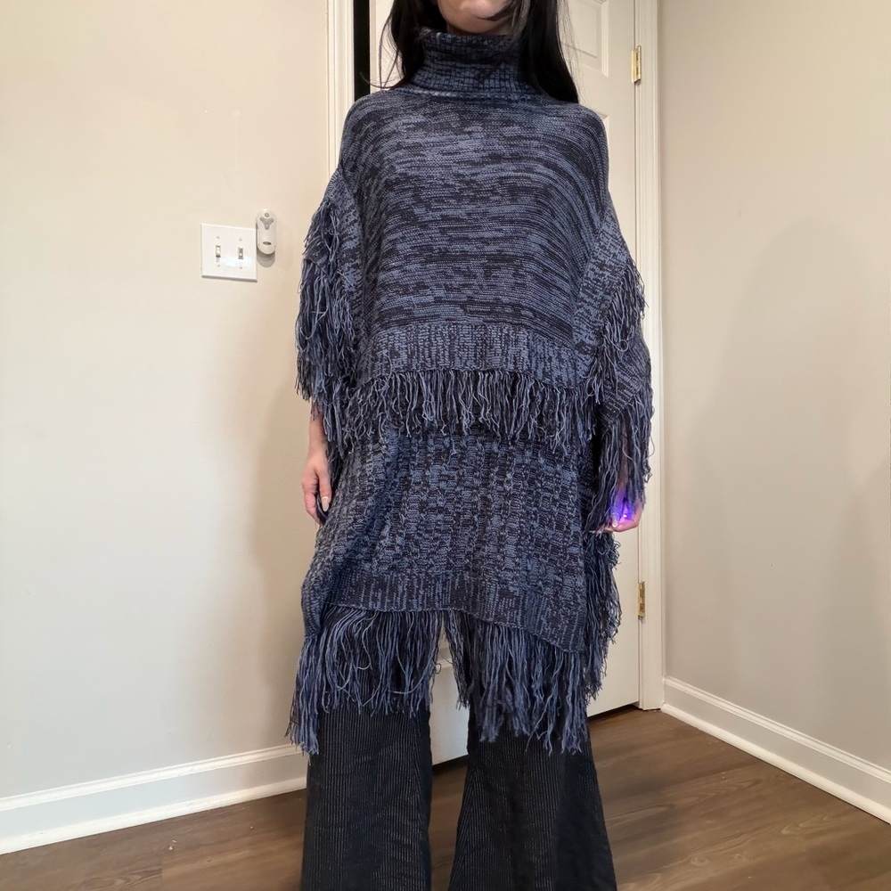 New York & Company Blue Turtleneck Fringe Poncho